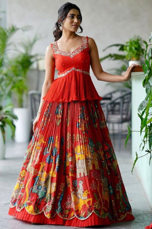 Hot Red Embroidered Partywear Lehenga Set