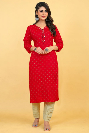 Hot Red Embroidered Rayon Kurti