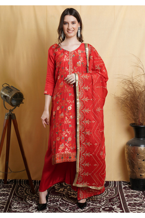 Hot Red Embroidered Silk Blend Plus Size Suit