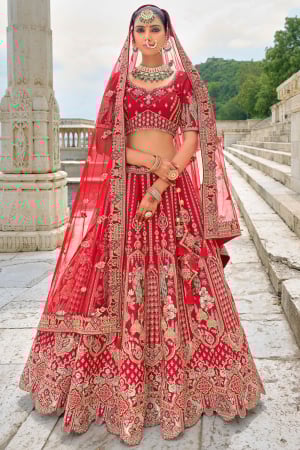 Hot Red Embroidered Silk Bridal Lehenga Choli