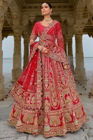 Hot Red Embroidered Silk Bridal Lehenga Choli