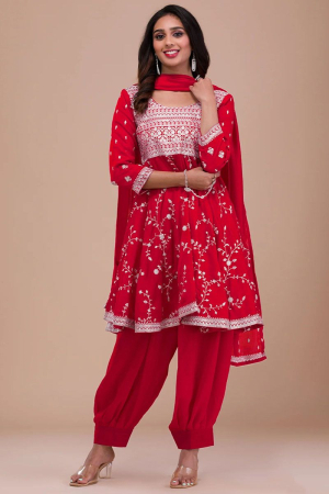 Hot Red Embroidered SilkPatiala Kameez