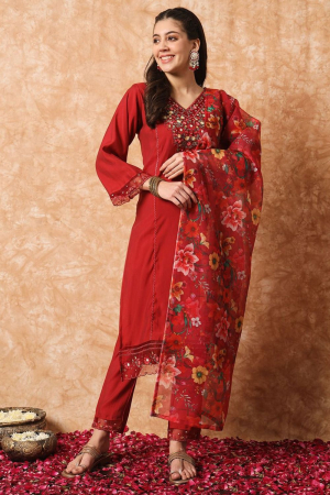 Hot Red Embroidered Viscose Readymade Pant Kameez