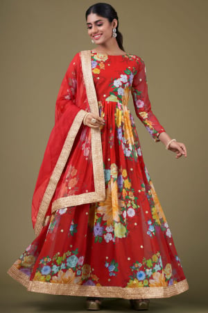 Hot Red Floral Print Faux Georgette Anarkali Suit