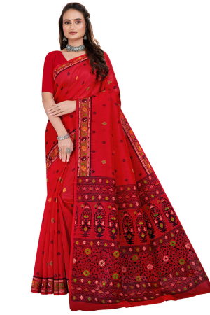 Hot Red Gadwal Printed Cotton Saree