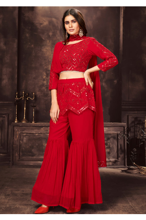 Hot Red Georgette Readymade Indo Western