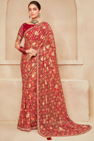 Hot Red Georgette Saree with Embroidered Blouse