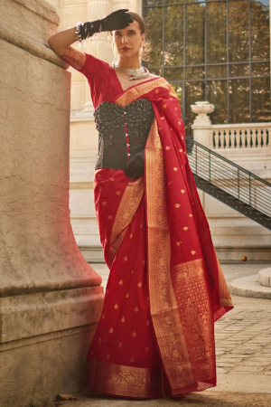 Hot Red Handloom Spun Silk Woven Saree