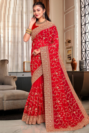 Hot Red Heavy Embroidered Georgette Saree
