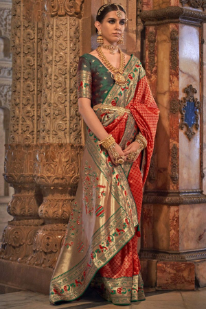 Hot Red Jacquard Weaving Silk Saree
