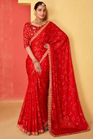 Hot Red Moss Chiffon Saree with Embroidered Blouse