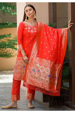 Hot Red Paithani Zari Woven Banarasi Silk Pant Kameez
