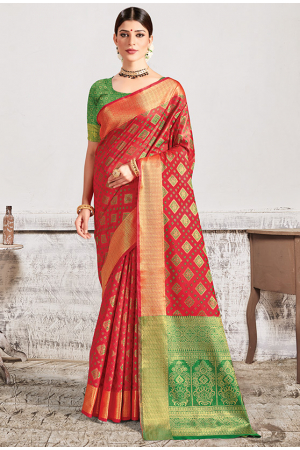 Hot Red Patola Silk Saree with Contrast Blouse