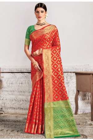 Hot Red Patola Silk Saree with Contrast Blouse
