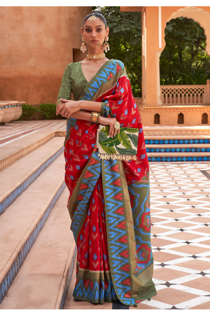 Hot Red Patola Silk Saree with Embellished Blouse