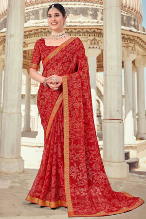 Hot Red Printed Chiffon Saree for Festival