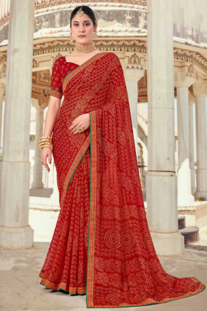 Hot Red Printed Chiffon Saree for Festival