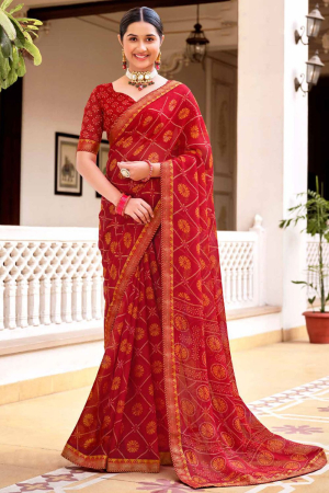 Hot Red Printed Chiffon Saree for Party
