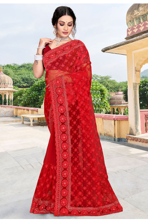 Hot Red Resham Embroidered Net Saree