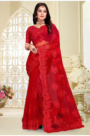 Hot Red Resham Embroidered Net Saree