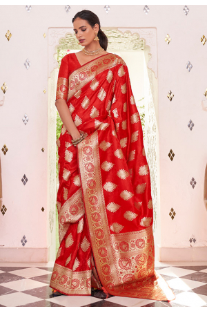 Hot Red Satin Handloom Weaving Saree