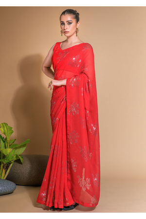 Hot Red Sequined Georgette Saree