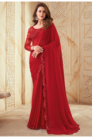 Hot Red Silk Saree with Embroidered Blouse