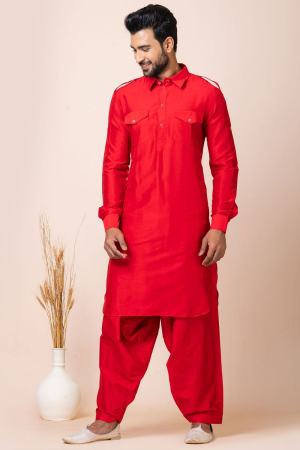 Hot Red Silk Viscose Pathani Kurta Set