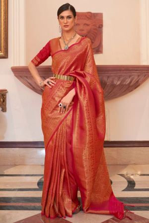 Hot Red Weaving Handloom Silk Saree