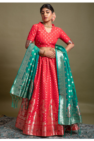 Hot Red Woven Banarasi Silk Lehenga Choli