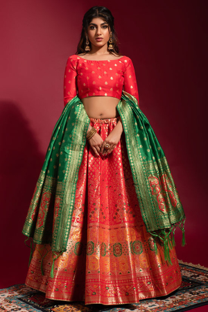 Hot Red Woven Banarasi Silk Lehenga Choli
