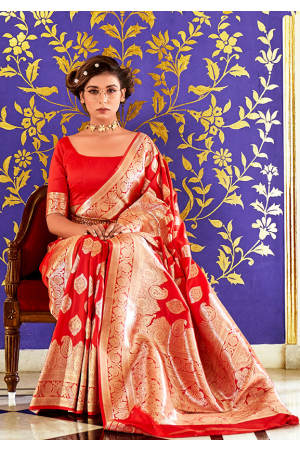 Hot Red Woven Banarasi Silk Saree