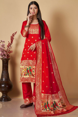 Hot Red Woven Banarasi Silk Trouser Kameez