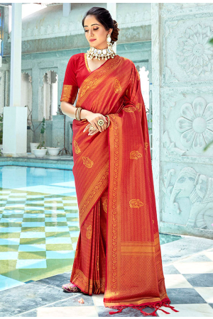 Hot Red Woven Kanjivaram Silk Saree
