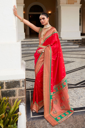 Hot Red Woven Peshwai Paithani Silk Saree