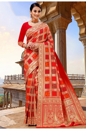 Hot Red Woven Silk Bandhani Saree