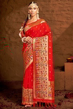 Hot Red Woven Silk Saree for Wedding