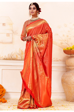 Hot Red Woven Silk Saree