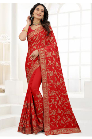 Hot Red Zari Embroidered Satin Silk Saree