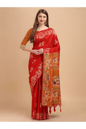 Hot Red Zari Woven Raw Silk Saree