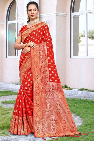 Hot Red Zari Woven Silk Saree