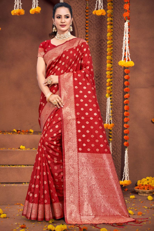 Hot Red Zari Woven Silk Saree