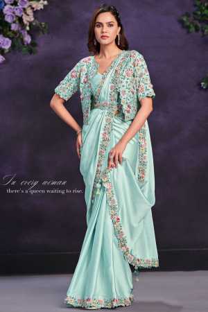 Ice Blue Crepe Satin Silk Designer Ready to Wear Saree