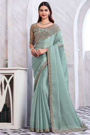 Ice Blue Designer Saree with Embroidered Blouse