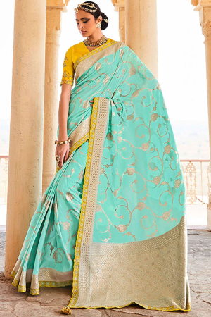 Ice Blue Designer Silk Saree with Embroidered Blouse