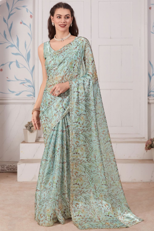Ice Blue Embellished Party Wear Saree