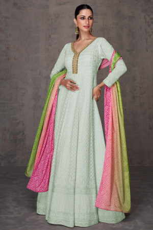 Ice Blue Embroidered Faux Georgette Anarkali Suit