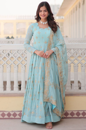 Ice Blue Embroidered Faux Georgette Gown with Dupatta