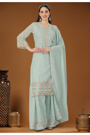 Ice Blue Embroidered Georgette Palazzo Kameez