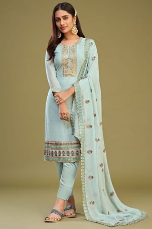 Ice Blue Embroidered Georgette Pant Kameez